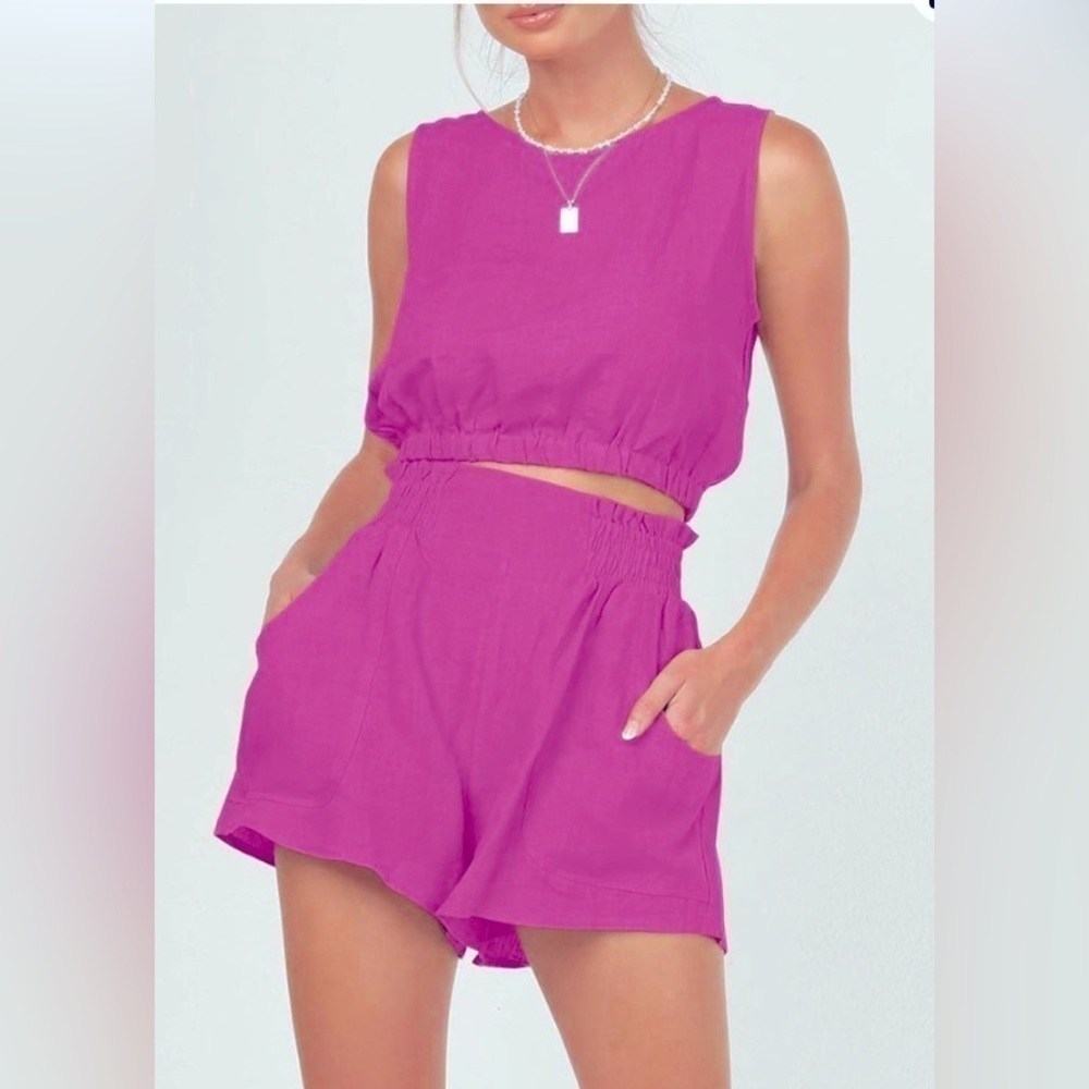 New Trendy Queen Preppy Pink 2 Piece Outfits-Crop Top High Waisted Shorts size S - Picture 3 of 6